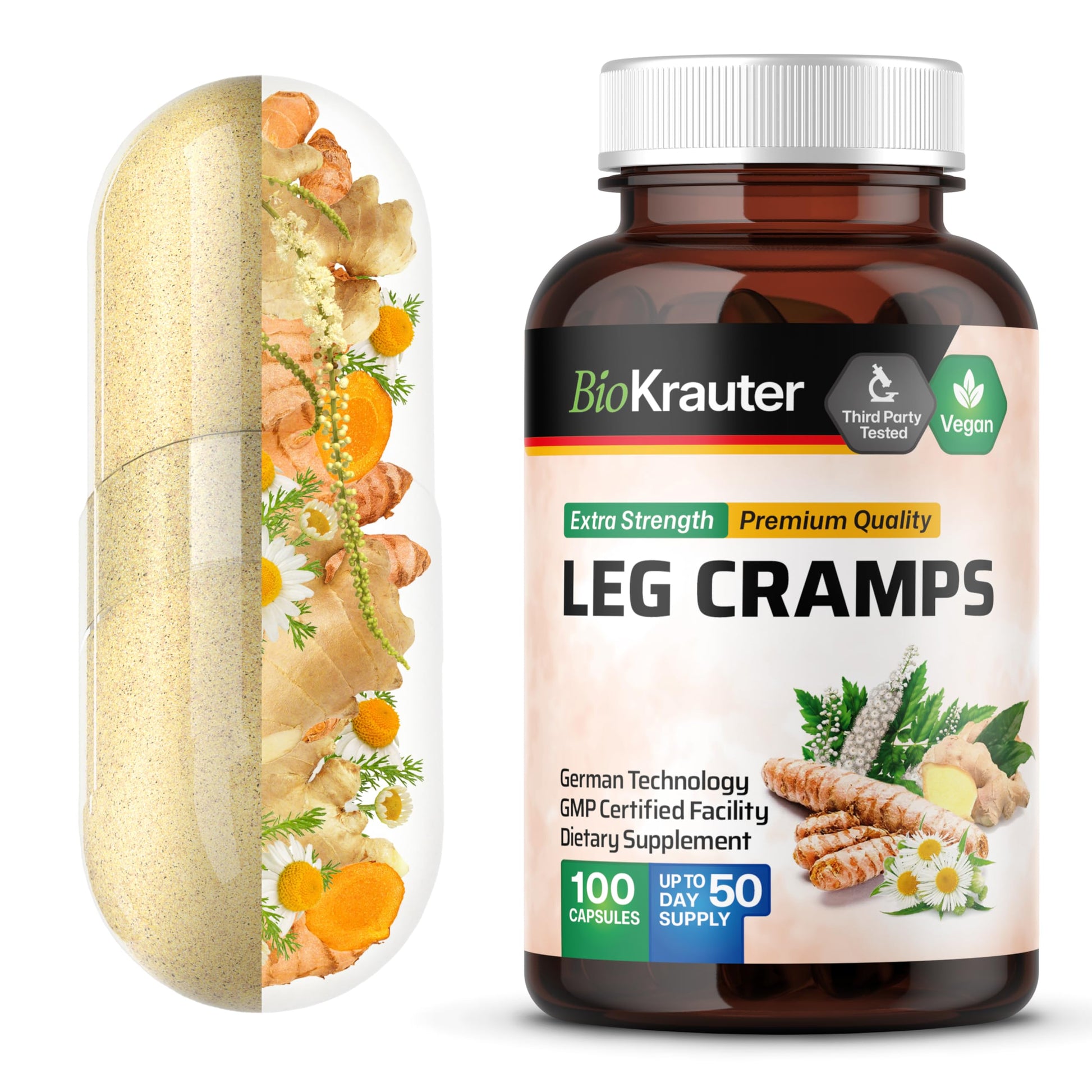 BIO KRAUTER® Magnesium Glycinate for Leg Сramps & Relax - 5-in-1 Formula Magnesium Glycinate 400mg with Turmeric, Black Cohosh, Ginger, Chamomile 1200 mg 100 Caps - No Fillers, Non-GMO, 50-Day Supply BIO KRAUTER Au supplements