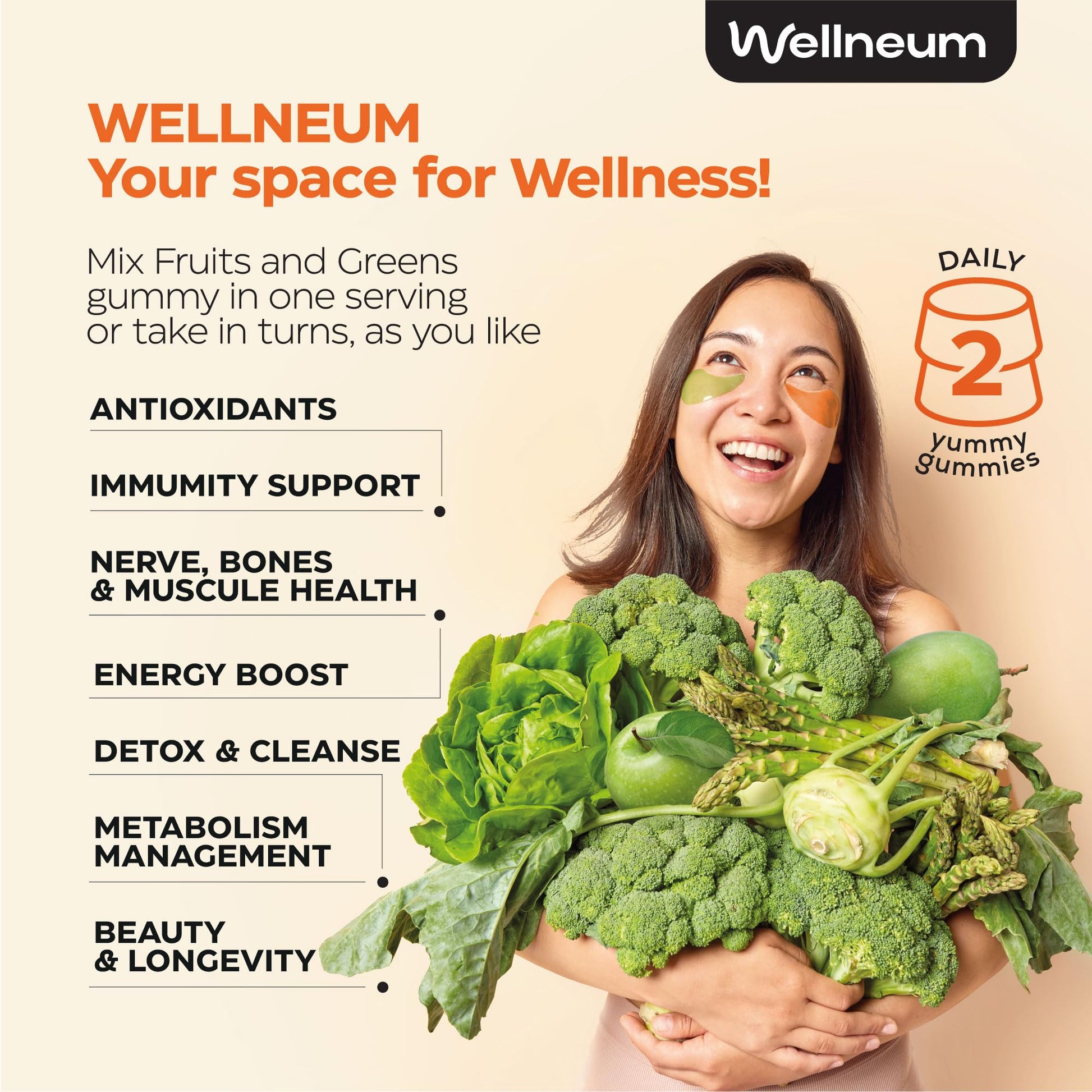 Super Greens + Super Fruits Gummies (Fruits/Greens Powder in Gummies Form) - 600mg Greens Blend + 600mg Fruits Blend for Immune Support, Sugar Free, Vegetarian, Non-GMO, 2-Pack (120 Gummies) Wellneum Au supplements