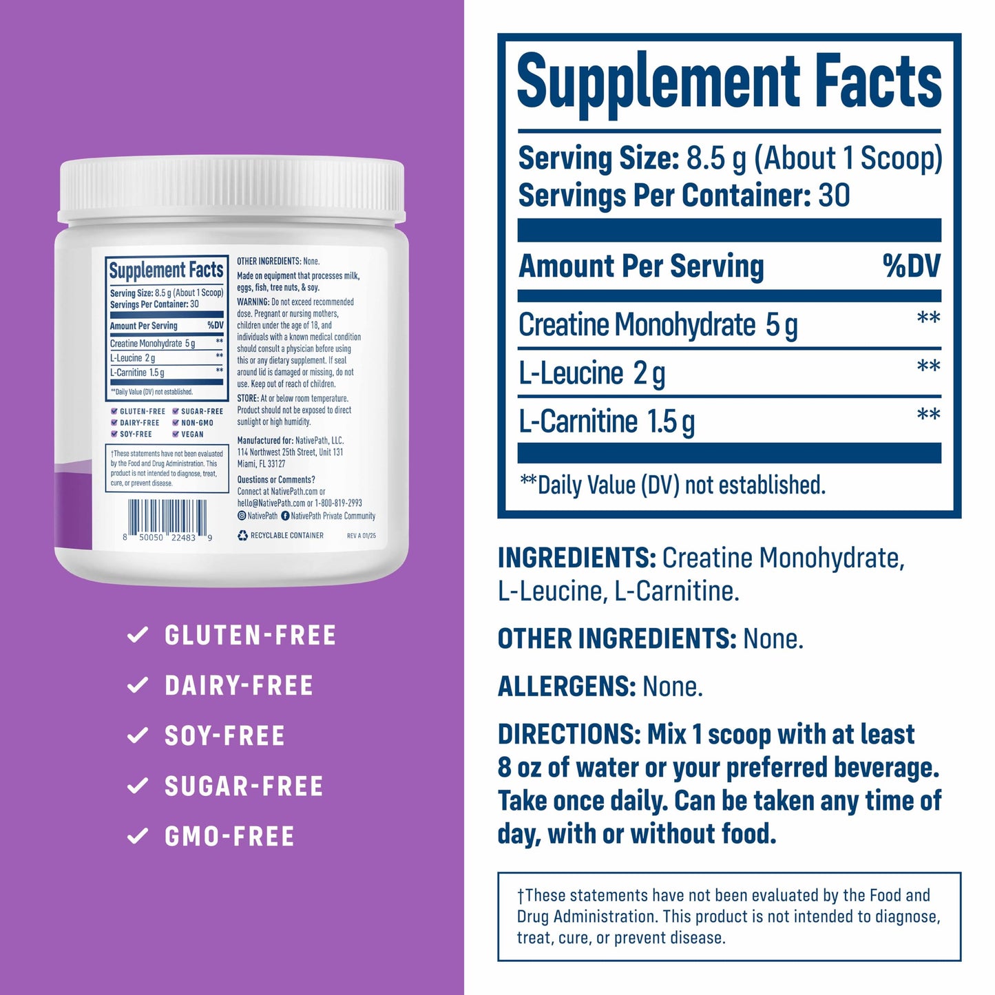 NativePath Creatine Monohydrate Powder with L-Leucine & L-Carnitine - Muscle Building Supplement for Men & Women - 30 Servings (Pack of 2) NativePathUS supplements
