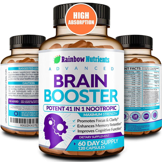40-in-1 Brain Booster Supplements for Memory, Focus, Clarity, Energy, Performance | Natural Nootropic Brain Support Supplement with DMAE, Bacopa Monnieri & More | For Men & Women | 120 V Capsules Rainbow Nutrients, LLCAU supplements