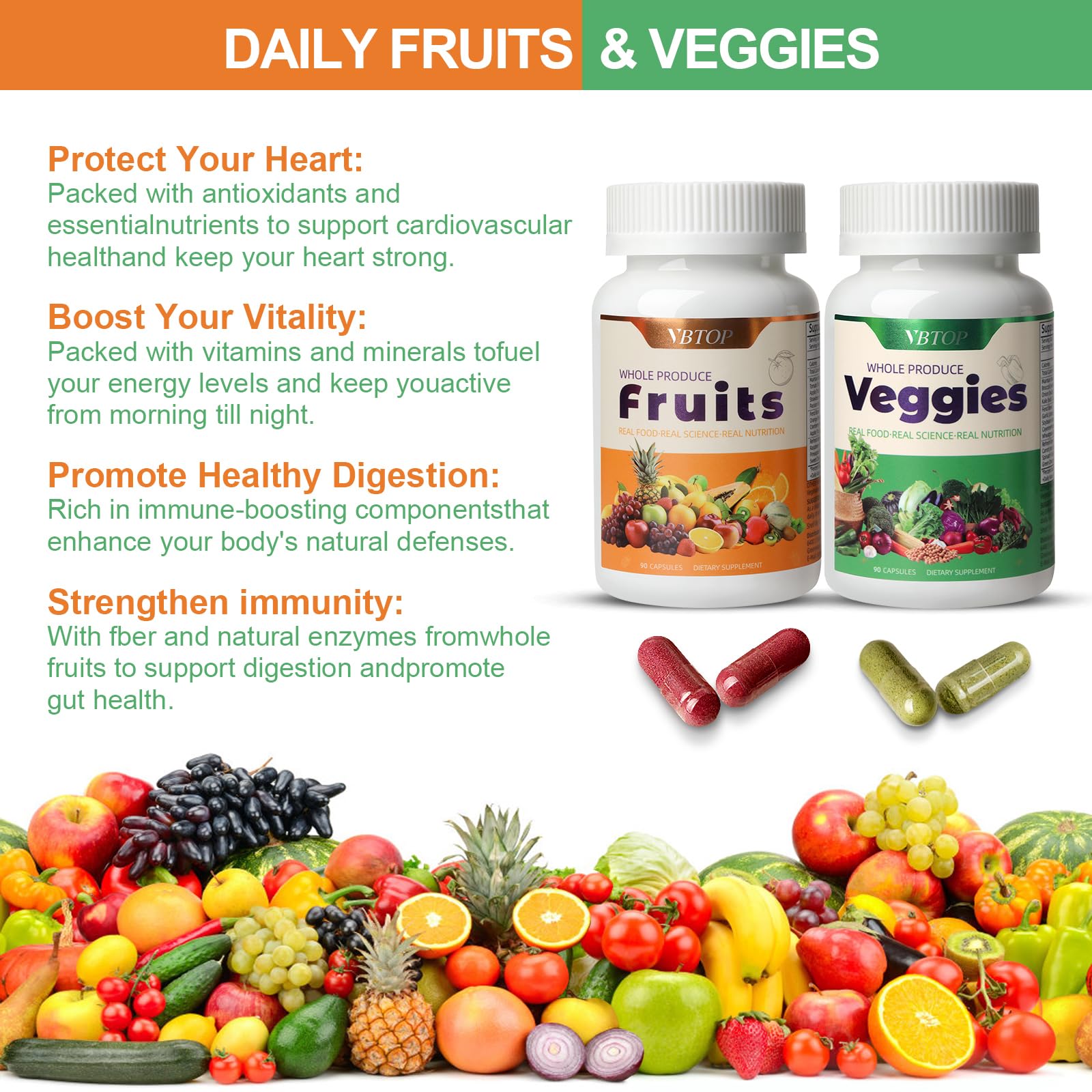 VBTOP Fruit & Vegetable Supplement - Natural Ingredients - 2 Bottles - 180 Capsules Total | A Blend of 20+19 Natural Whole Fruits & Vegetables, a Fresh superfood Formula Rich in Vitamins and Minerals VBTOP Au supplements