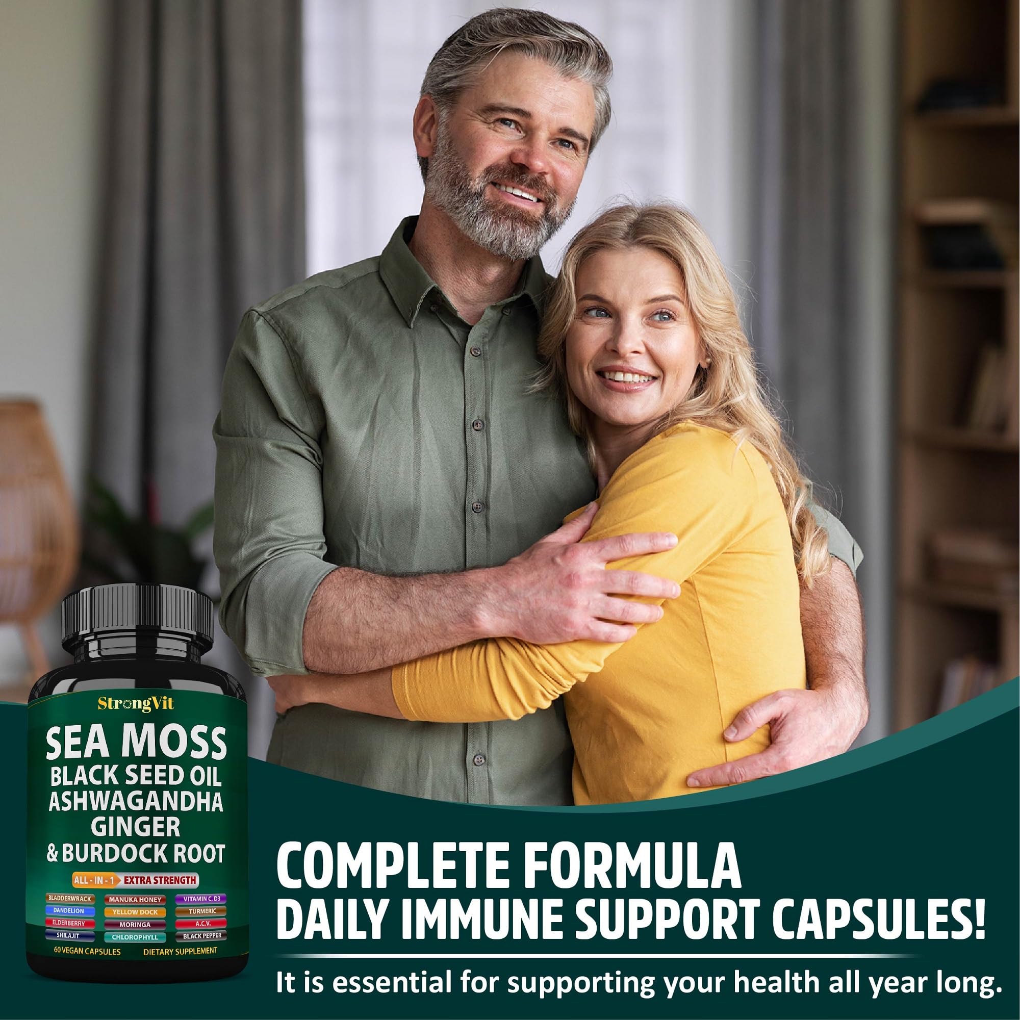 StrongVit Sea Moss Black Seed Oil Ashwagandha Ginger, Organic Sea Moss Capsules with Burdock Root, Irish Seamoss Pills with Bladderwrack, Advanced Multimineral Supplement, USA StrongVit Au supplements
