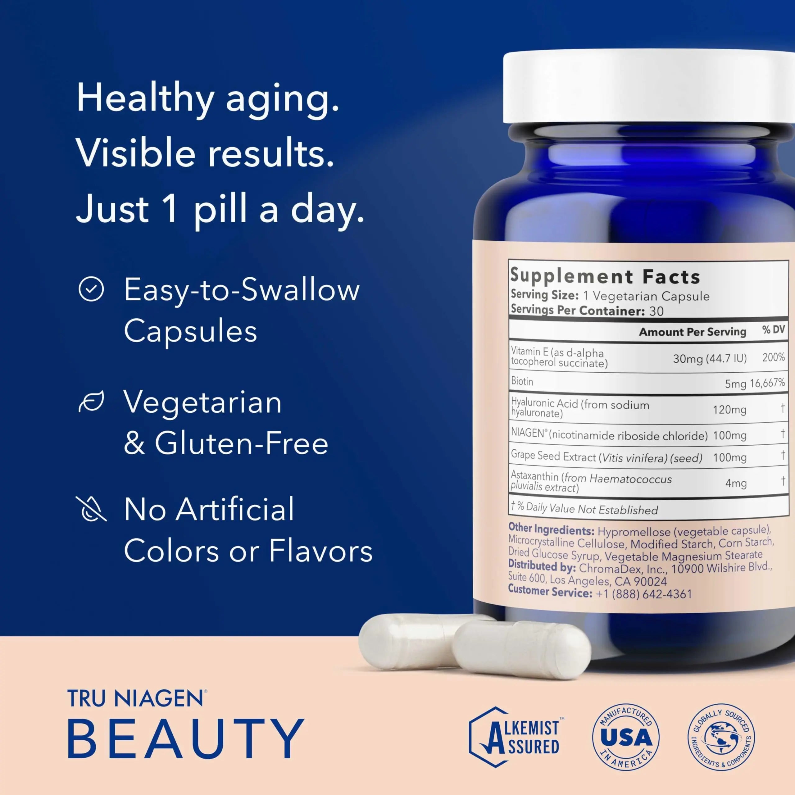 TRU NIAGEN BEAUTY NAD+ for Hair, Skin & Nails | Contains Niagen®, Astaxanthin, Hyaluronic Acid, Biotin | Supports Skin Elasticity & Moisture Retention | Daily Supplements for Men & Women | 30 Servings TRU NIAGEN Au supplements