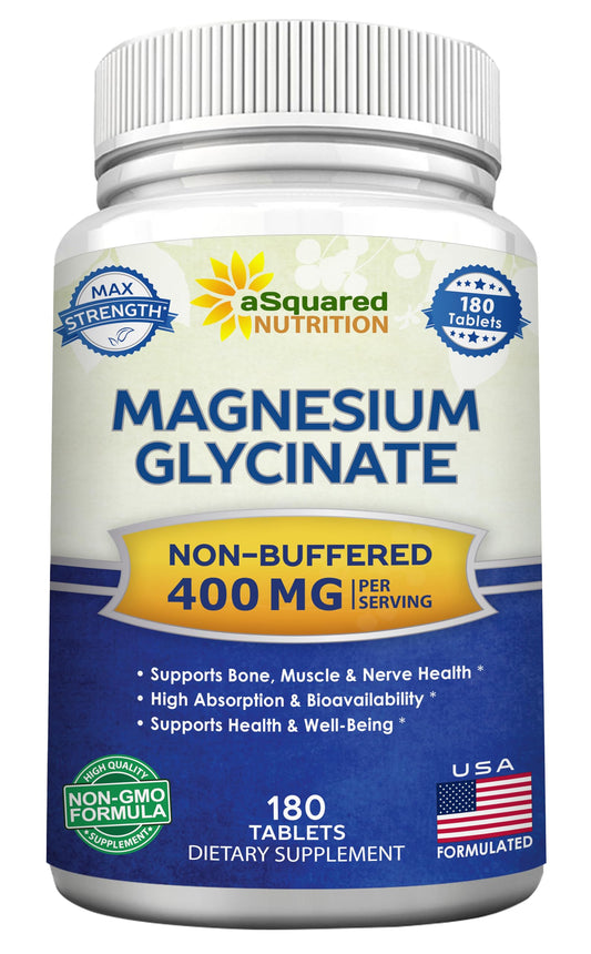 aSquared Nutrition Magnesium Glycinate 400mg - 180 Tablets - Max Strength Magnesium Bisglycinate Supplement -Maximum Bioavailability & Absorption-Non-GMO aSquared NutritionUS supplements