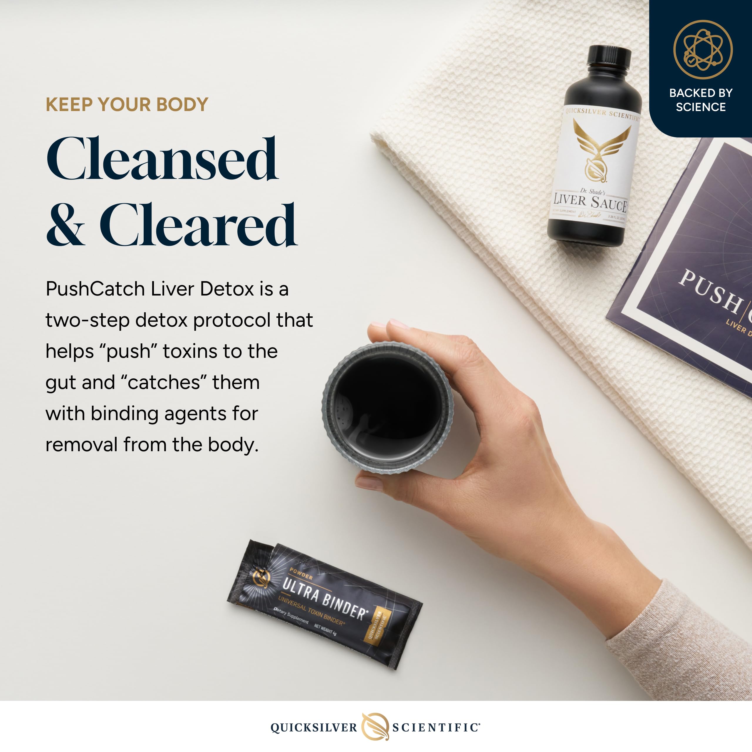 Quicksilver Scientific PushCatch Liver Detox Cleanse - 2 Piece Kit with Ultra Binder (Packets) & Liver Sauce (Liver Support Supplement with Milk Thistle Extract) to Support GI Detox & Toxin Binding Quicksilver ScientificBuy Supplements Australia