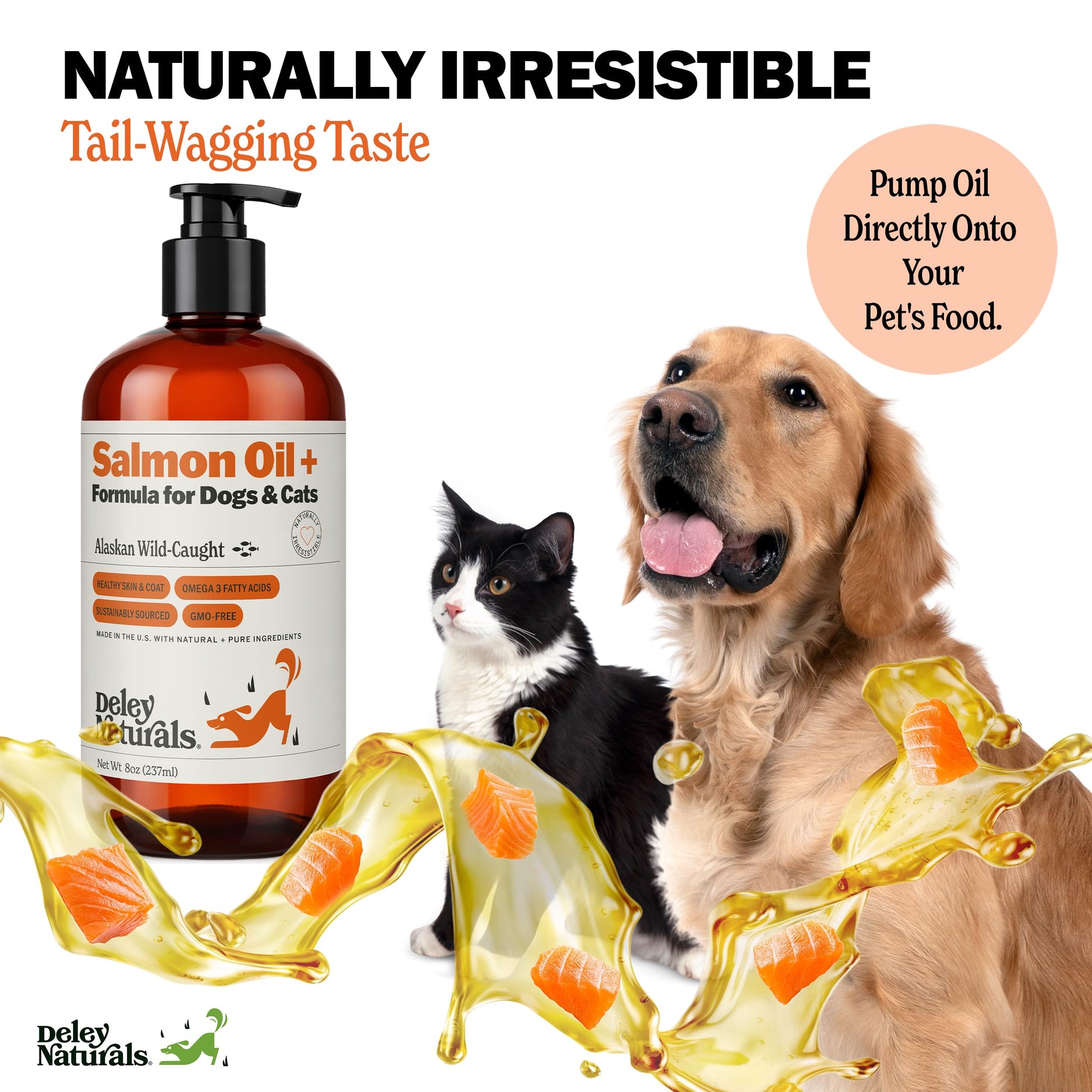 Deley Naturals Wild Alaskan Salmon Oil for Dogs & Cats - New and Improved Salmon Oil Plus Formula - Fish Oil for Dogs with Omega 3, DHA and EPA - Omega 3 for Healthy Skin and Coat - 8oz Made in USA Deley Naturals Au supplements