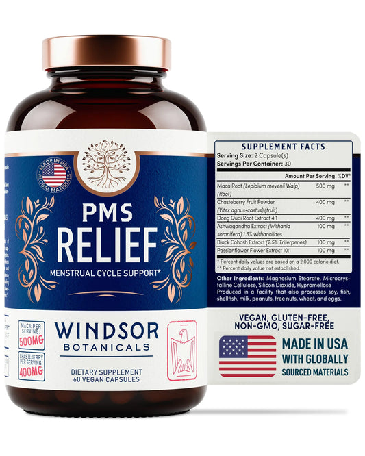 PMS Support Supplement for Women with Chasteberry, Maca Root, Ashwagandha - Period Relief, Bloating Relief for Women, Mood Support, Hormone Balance Herbal Supplements - 30 Day, 60 Vegan Capsules WINDSOR BOTANICALSAU supplements
