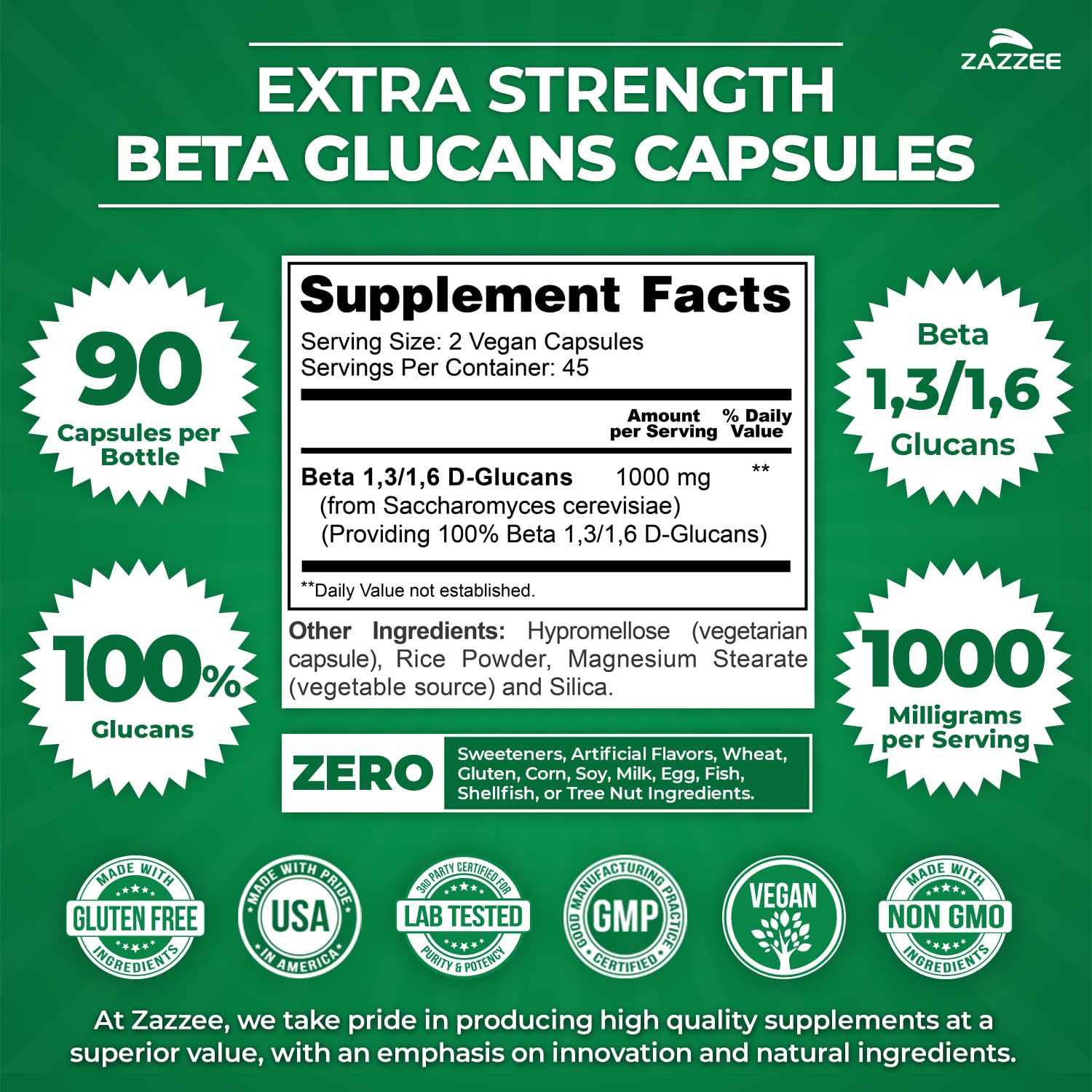 Zazzee Extra Strength 1,3/1,6 Beta Glucans, 1000 mg, 100% Concentrated, 90 Vegan Capsules, Supports a Healthy Immune System, 100% Vegetarian, All-Natural and Non-GMO Zazzee Au supplements