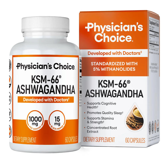 Physician's CHOICE KSM-66 Ashwagandha Root Powder Extract 1,000mg - Organic - with Black Pepper for Maximum Absorption - 5% Withanolides Physician's CHOICEAU supplements