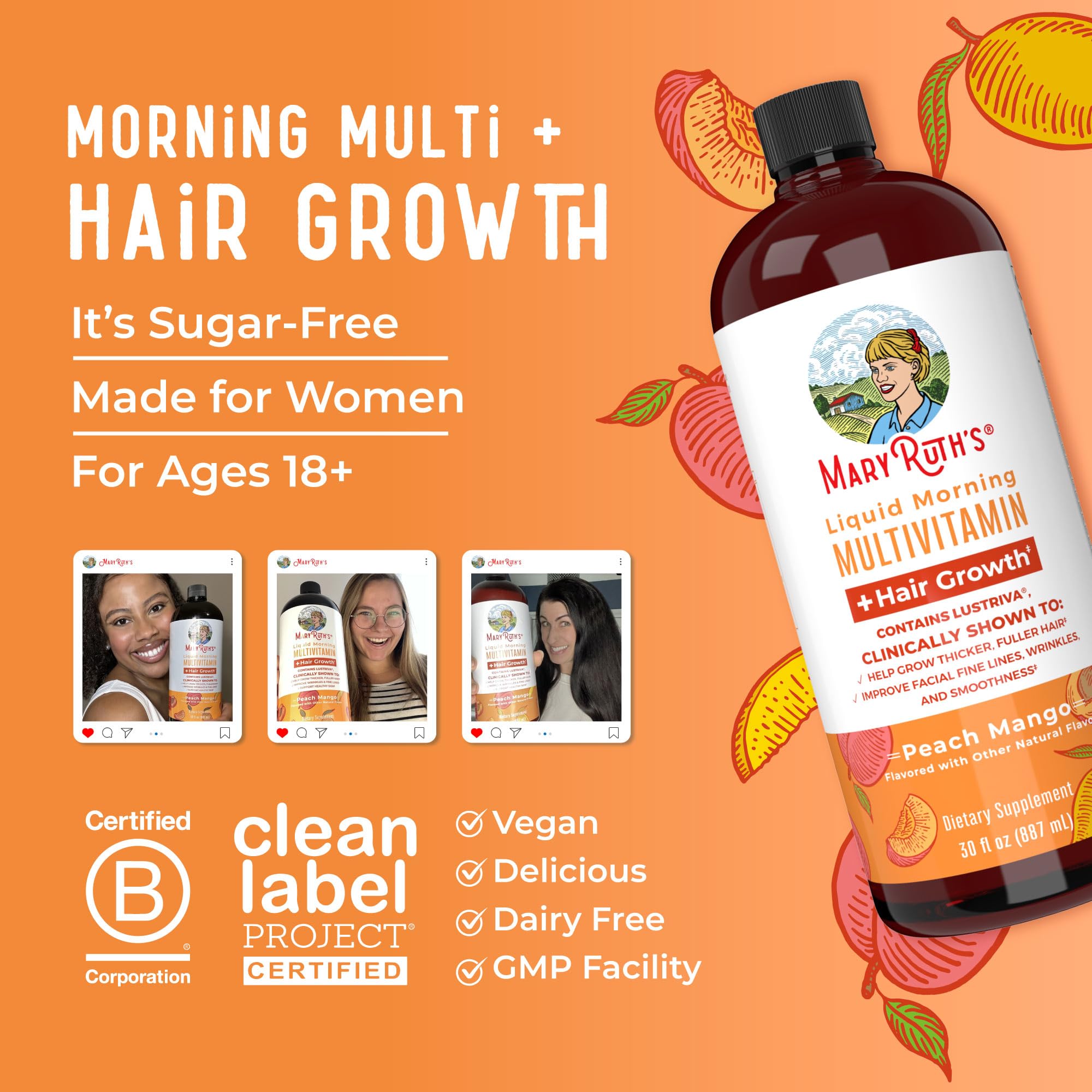 MaryRuth's Liquid Multivitamin+Hair Growth | Clinically Tested for Thicker Hair & Facial Wrinkles in Women | Biotin 10000mcg | Lustriva Hair Growth Supplement | MaryRuth Organics Au supplements