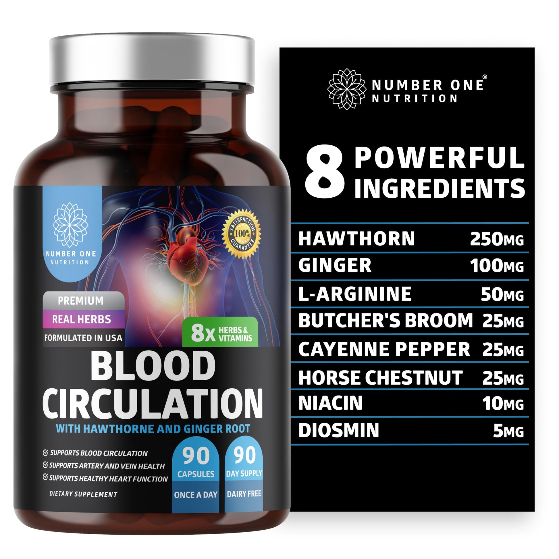 Number One Nutrition Premium Blood Circulation Supplement for Women and Men [8 Powerful Herbs & Vitamins] All Natural Blood Flow Supplement with Hawthorn, Butchers Broom and Cayenne Pepper, 90 Caps Number One Nutrition Au supplements