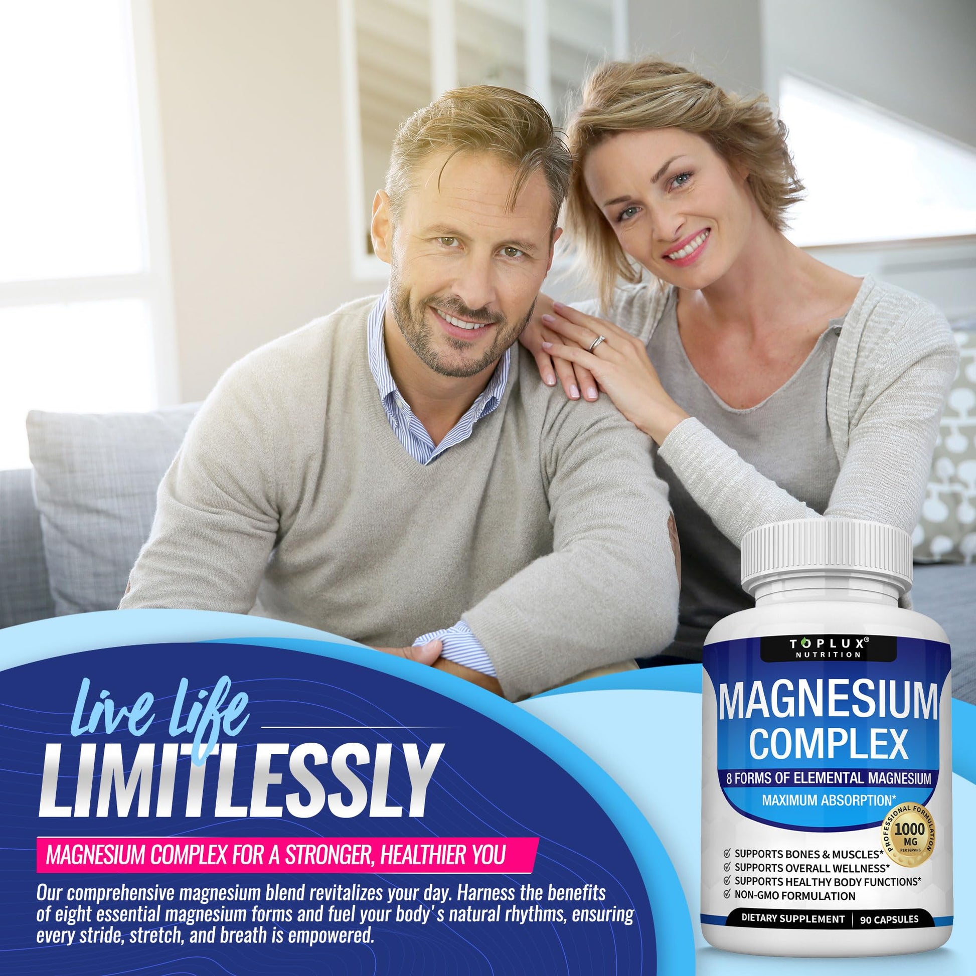 Magnesium Complex Supplement 8 Elemental 1000mg - Magnesium Glycinate, Citrate, Malate, Taurate, Chelated for Easy Absorption for Bones, Muscle, Recovery, Energy, Vegan Non-GMO 90 Capsules Toplux Au supplements