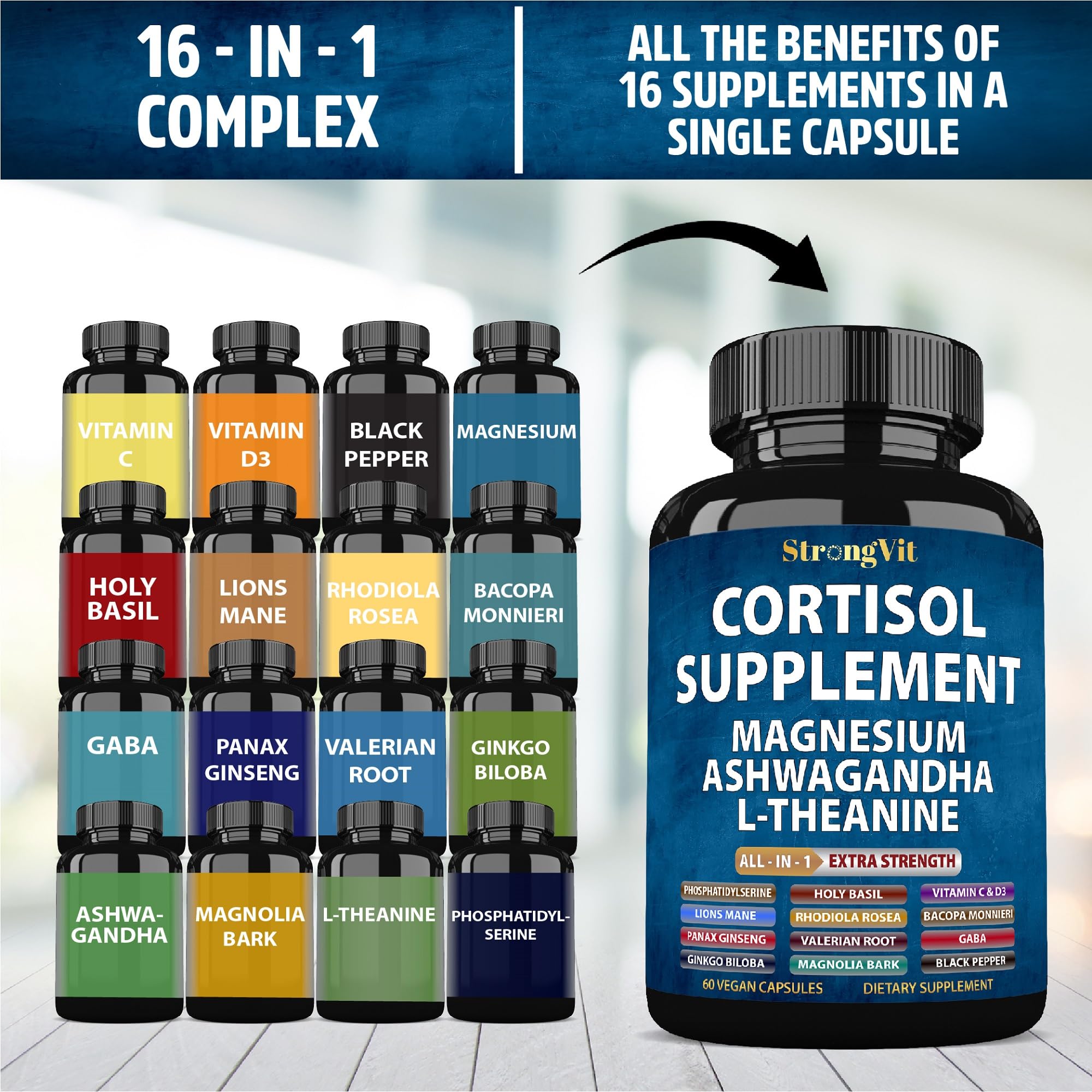 StrongVit Cortisol Supplements for Women and Men with Magnesium, Ashwagandha & L-Theanine. High Cortisol Reducer, Manager, Detox, Lower and Control. Sleep Support & Stress Relief, USA StrongVit Au supplements