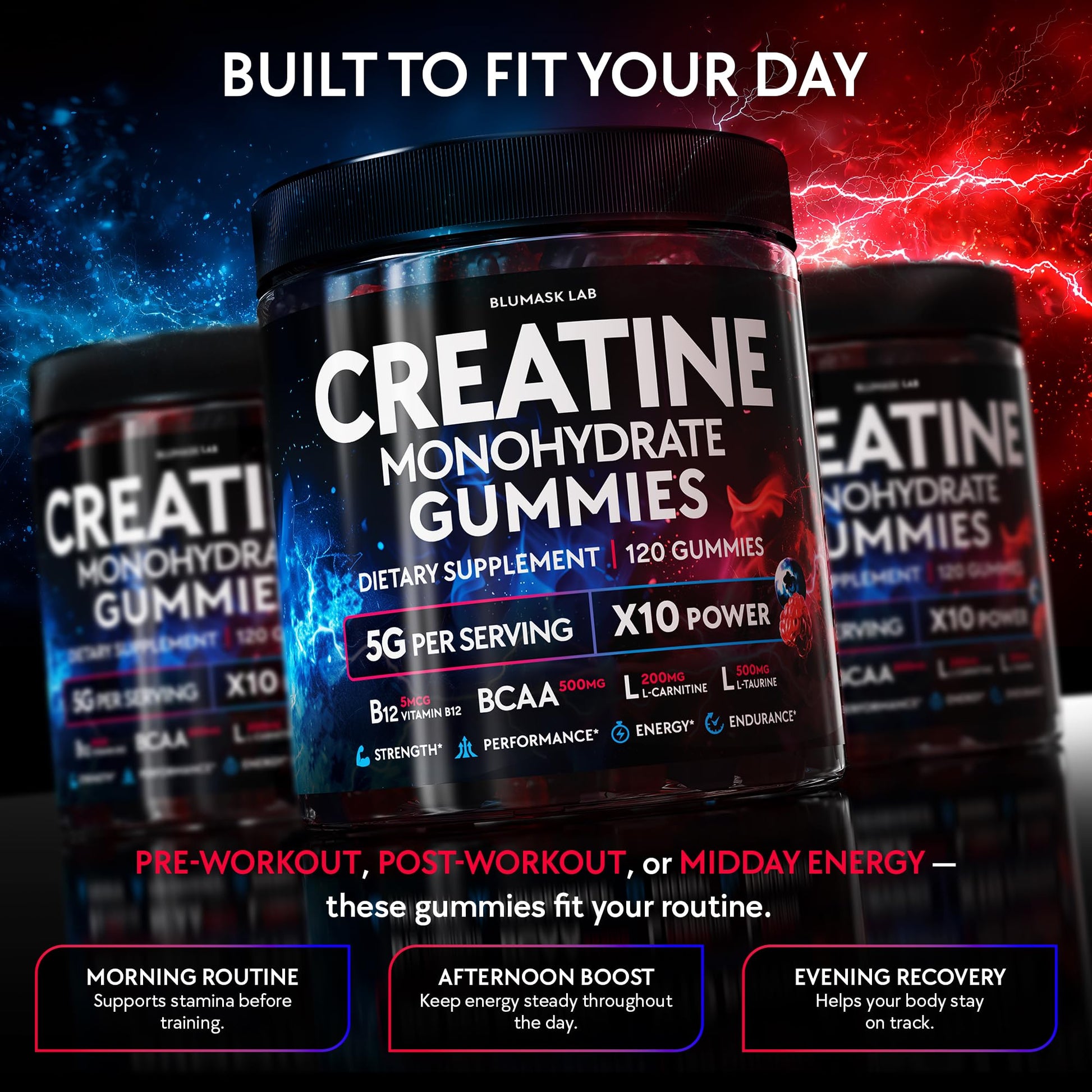 Creatine Monohydrate Gummies Complex 5000 MG for Men & Women, Preworkout Gummy with BCAA, L-Carnitine, Taurine & Vitamin B12 for Muscle Growth, Strength & Energy Support , Flavored and Chewable Blumask Lab Au supplements