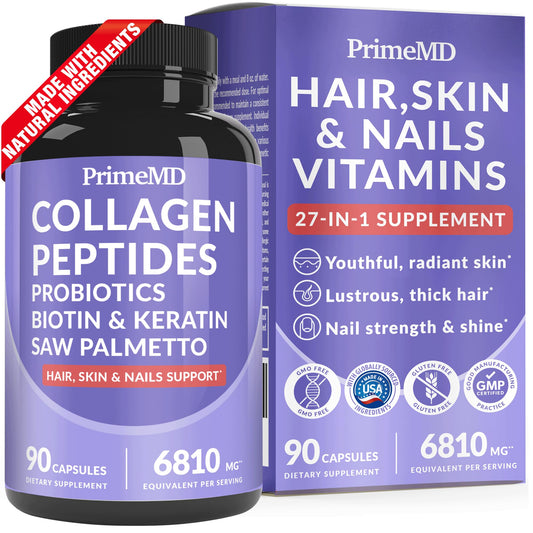 27-in-1 Hair Skin and Nails Vitamins (6810mg) with Biotin 10000mcg - Collagen Supplements for Men and Women - Keratin Supplements with Probiotics PrimeMDUS supplements
