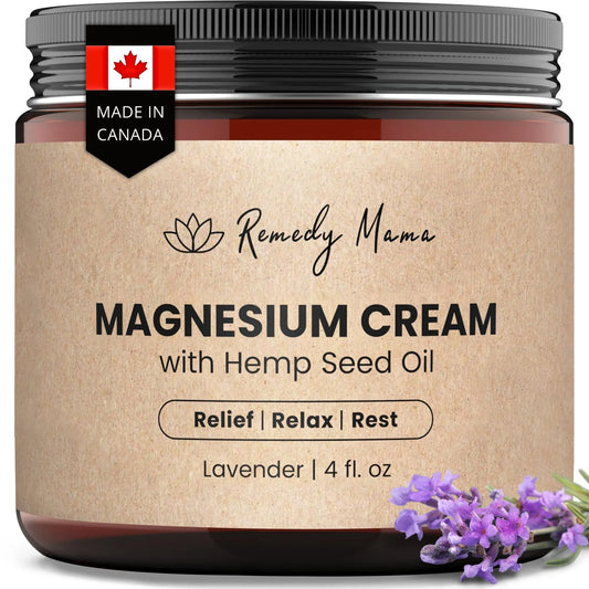 Remedy Mama Magnesium Cream for Sleep, Cramps & Muscle Soreness – with Hemp Seed Oil, Jojoba, Shea & Mango Butter – Natural, Skin-Friendly & Safe for Kids – Lavender – 4oz Glass Jar – Made in Canada Remedy MamaAU supplements