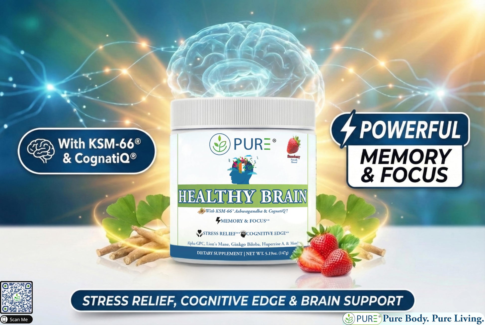 PURE® Healthy Brain Nootropic Powder - 30 Servings - 1.25g Lion’s Mane, 600mg Alpha-GPC & KSM-66® Ashwagandha - Cognitive Support for Memory, Focus & Stress Relief - 147 Grams, Strawberry Flavor! PURE Au supplements