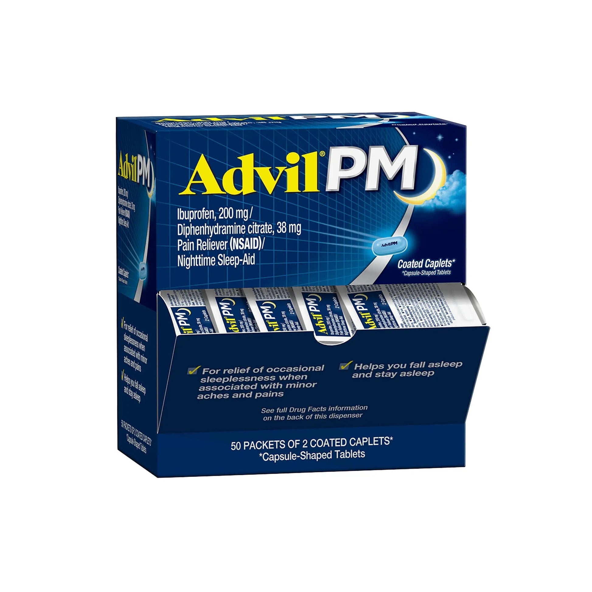Advil PM Pain Reliever and Nighttime Sleep Aid, Pain Medicine with Ibuprofen for Pain Relief and Diphenhydramine Citrate for a Sleep Aid - 50x2 Coated Caplets Advil Au supplements