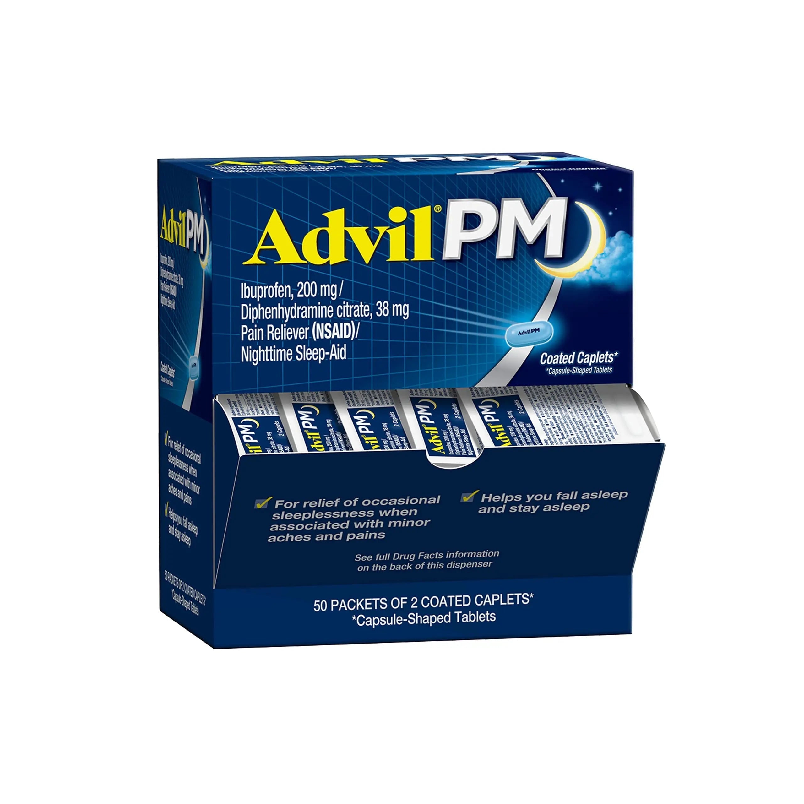 Advil PM Pain Reliever and Nighttime Sleep Aid, Pain Medicine with Ibuprofen for Pain Relief and Diphenhydramine Citrate for a Sleep Aid - 50x2 Coated Caplets Advil Au supplements