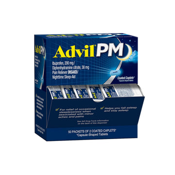 Advil PM Pain Reliever and Nighttime Sleep Aid, Pain Medicine with Ibuprofen for Pain Relief and Diphenhydramine Citrate for a Sleep Aid - 50x2 Coated Caplets Advil Au supplements