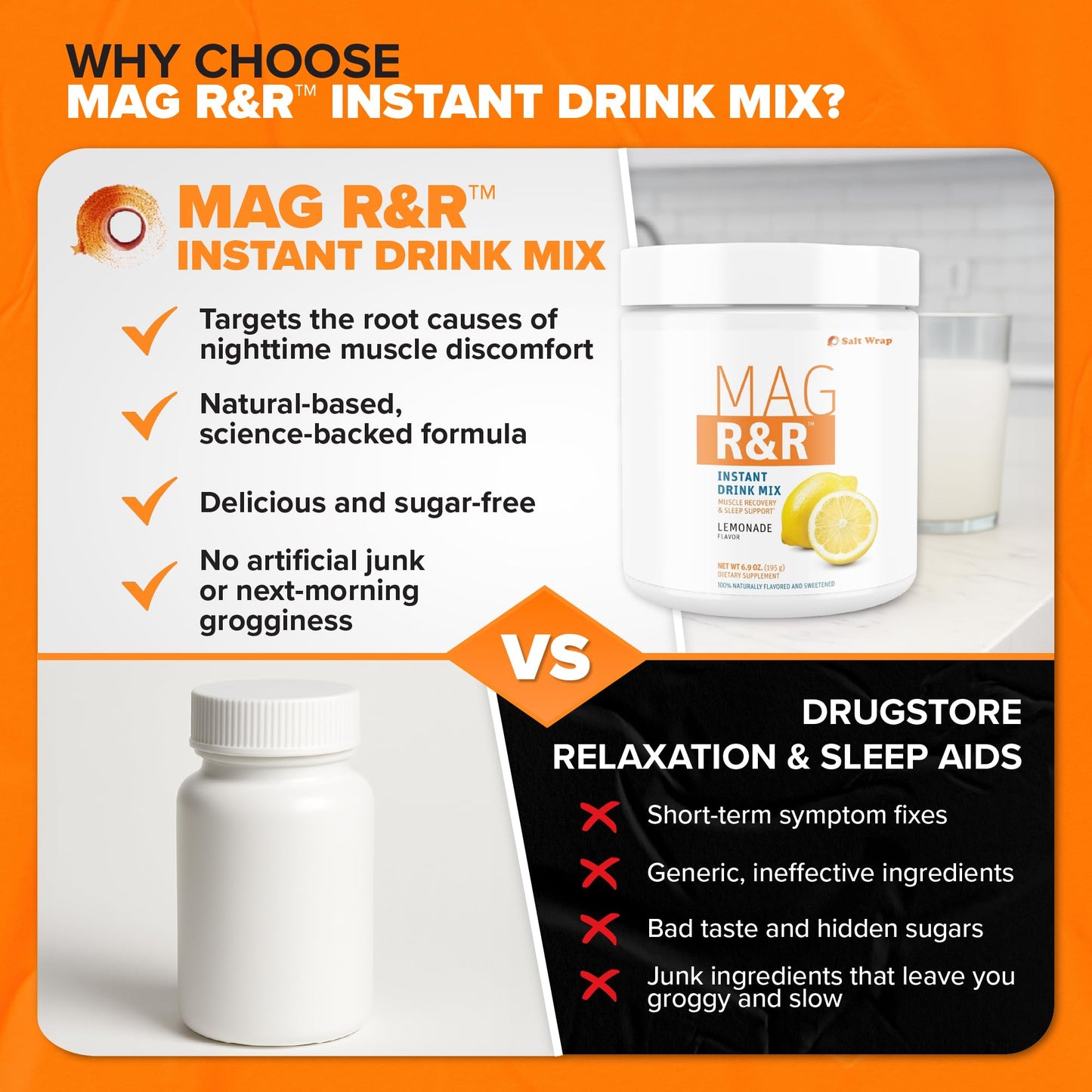 SaltWrap Mag R&R Instant Drink Mix - Sugar-Free Nighttime Magnesium Glycinate Powder with Stevia & FiberSMART® - Muscle Cramp & Leg Cramps Relief, Sleep & Relaxation Support - 30 Servings SaltWrapAu supplements