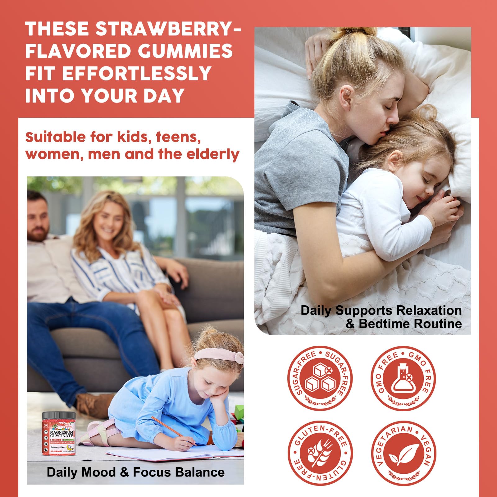 Magnesium Glycinate Gummies for Kids & Adults - Relaxation & Cognition Support - 400/200mg Magnesium Supplement with L-Theanine, Chamomile, B6, D3 & K2 - Vegan, Sugar Free, Strawberry Flavor, 60 Ct WOGORGT Au supplements