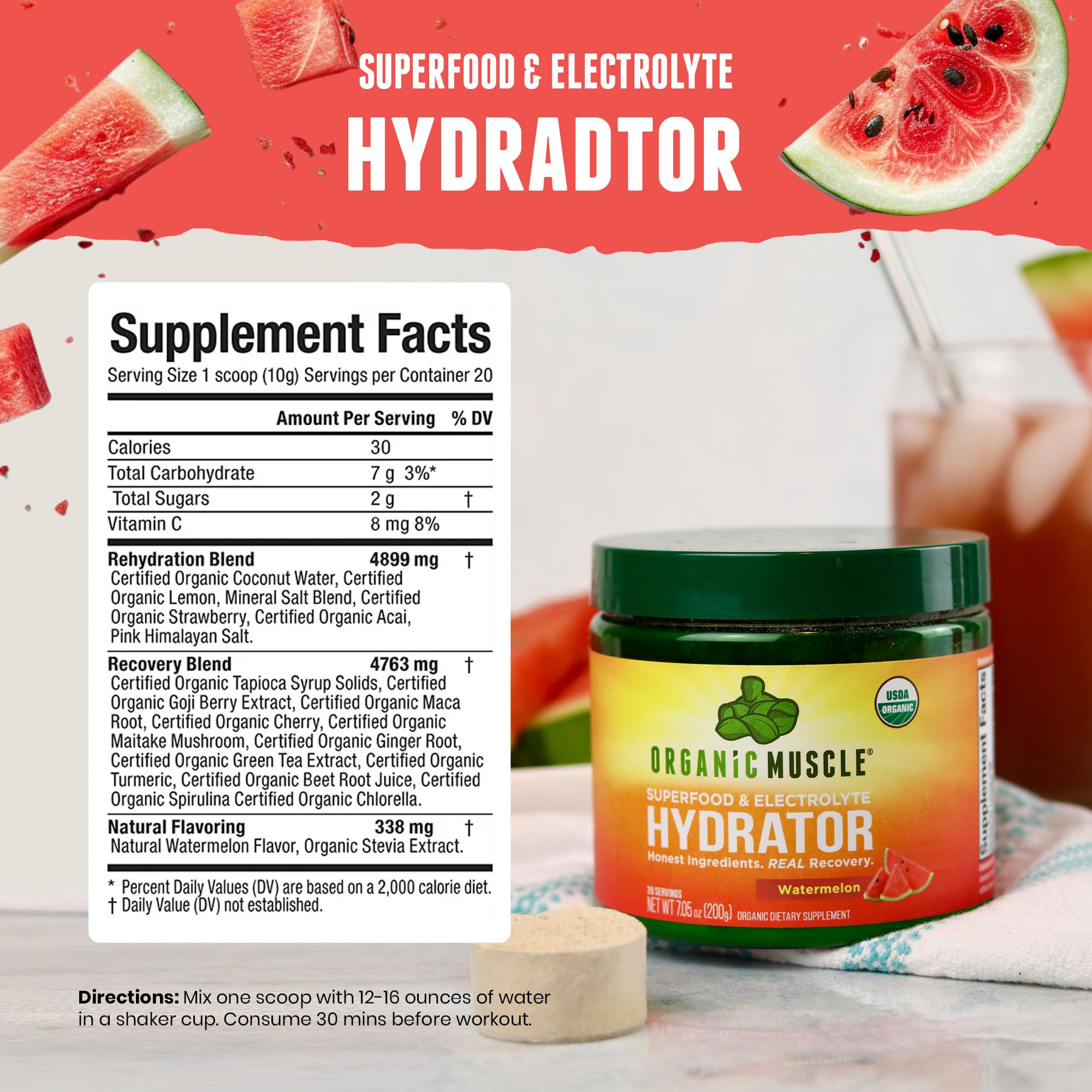 Organic Muscle Hydrator | Natural Electrolyte Powder for Peak Performance & Recovery - Watermelon Flavor, 20 Servings Organic Muscle Au supplements