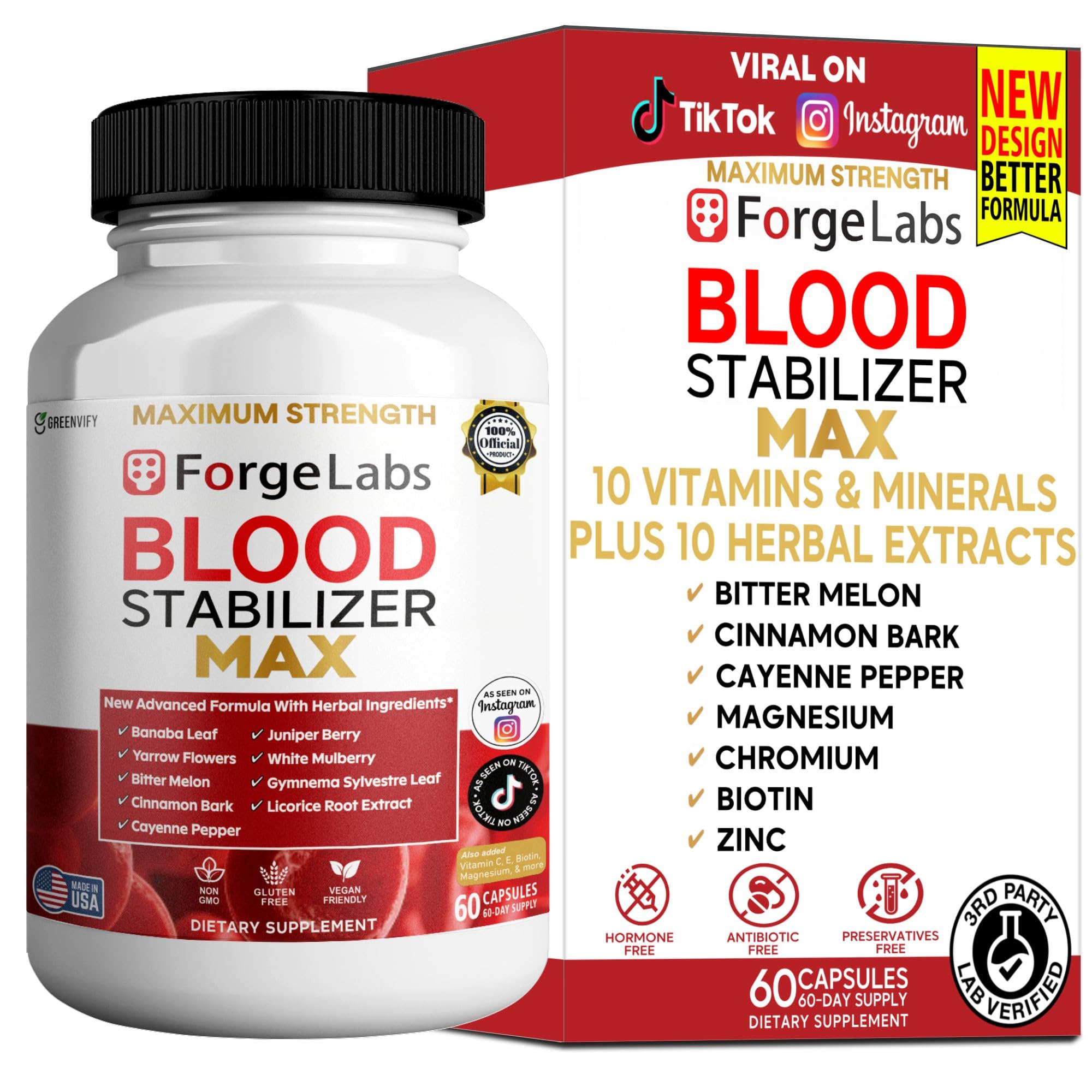 GREENVIFY ForgeLabs Blood Stabilizer Max, Maximum Strength Dietary Supplement, 60 Veggie Capsules, with Banaba Leaf, Juniper Berry, White Mulberry. (1) GREENVIFY Au supplements