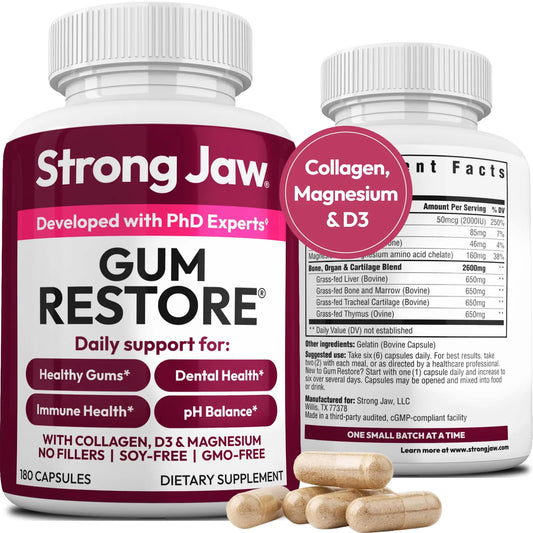 Strong Jaw Gum Restore - Gum Repair for Receding Gums | Teeth Magnesium Supplements, Oral Care, Remineralizing Dental Health Vitamins for Adults | 1 Month Supply, 180 Capsules, Made in USA Strong JawAU supplements