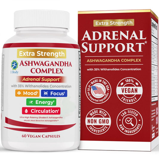 Ashwagandha Complex Adrenal Support Supplement for Stress Relief, Cortisol Balance, Energy & Focus, Mood Support, 35% Withanolides, 60 Vegan Capsules 1 BodyAU supplements