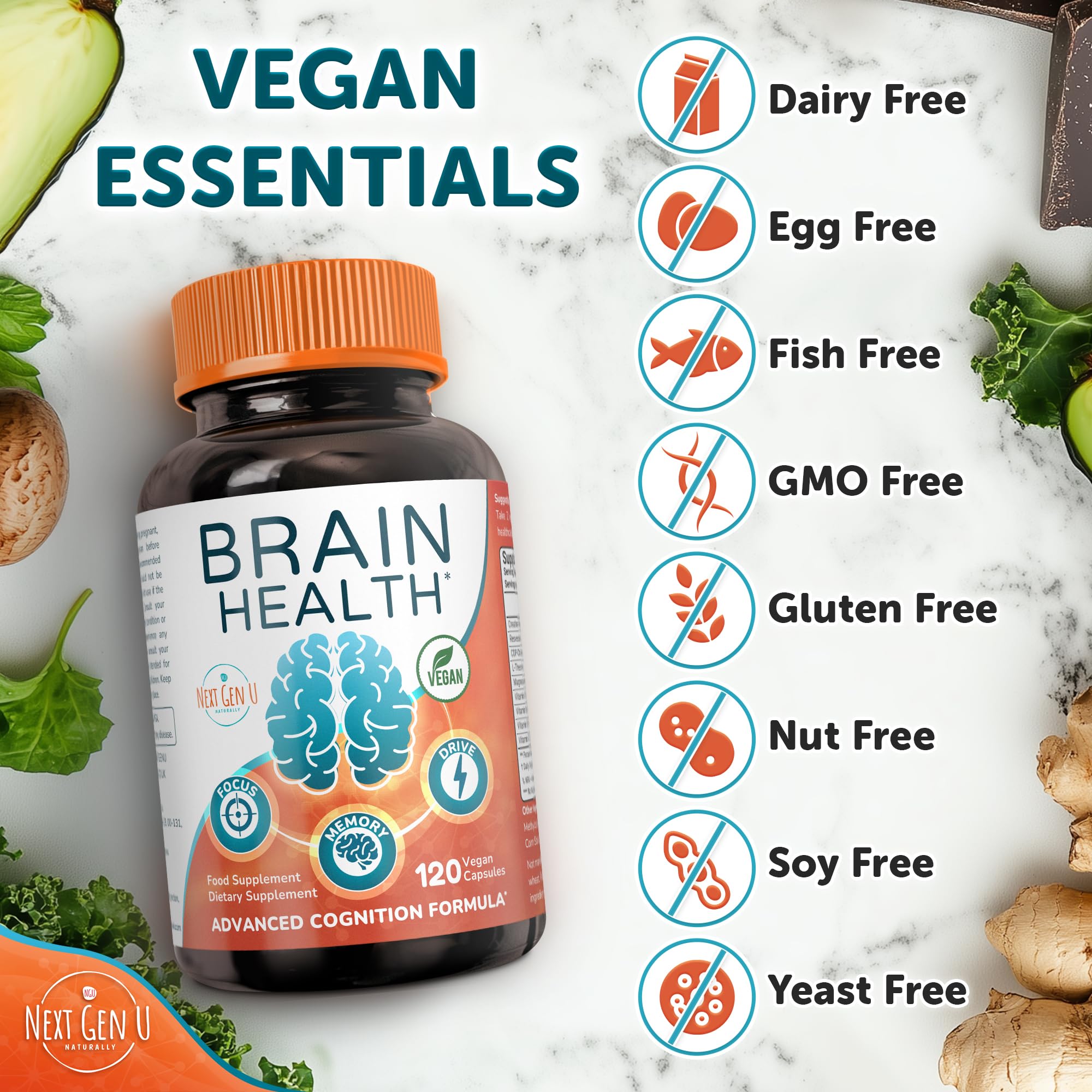 Brain Supplement - 120 Vegan Capsules - Dietary Nootropic May Help Memory, Cognitive Function & Focus - Formulation with Amino Acids, Polyphenols & B Vitamins - for Women, Men & Seniors - by NextGenU NGU Next Gen U Au supplements
