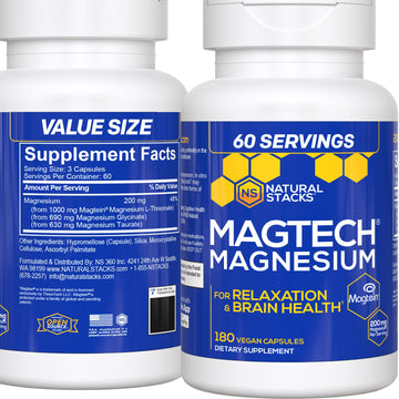 MagTech Magnesium Supplement - 3 Forms of Magnesium: Magtein L-Threonate, Glycinate & Taurate - 200mg Chelated Magnesium Complex