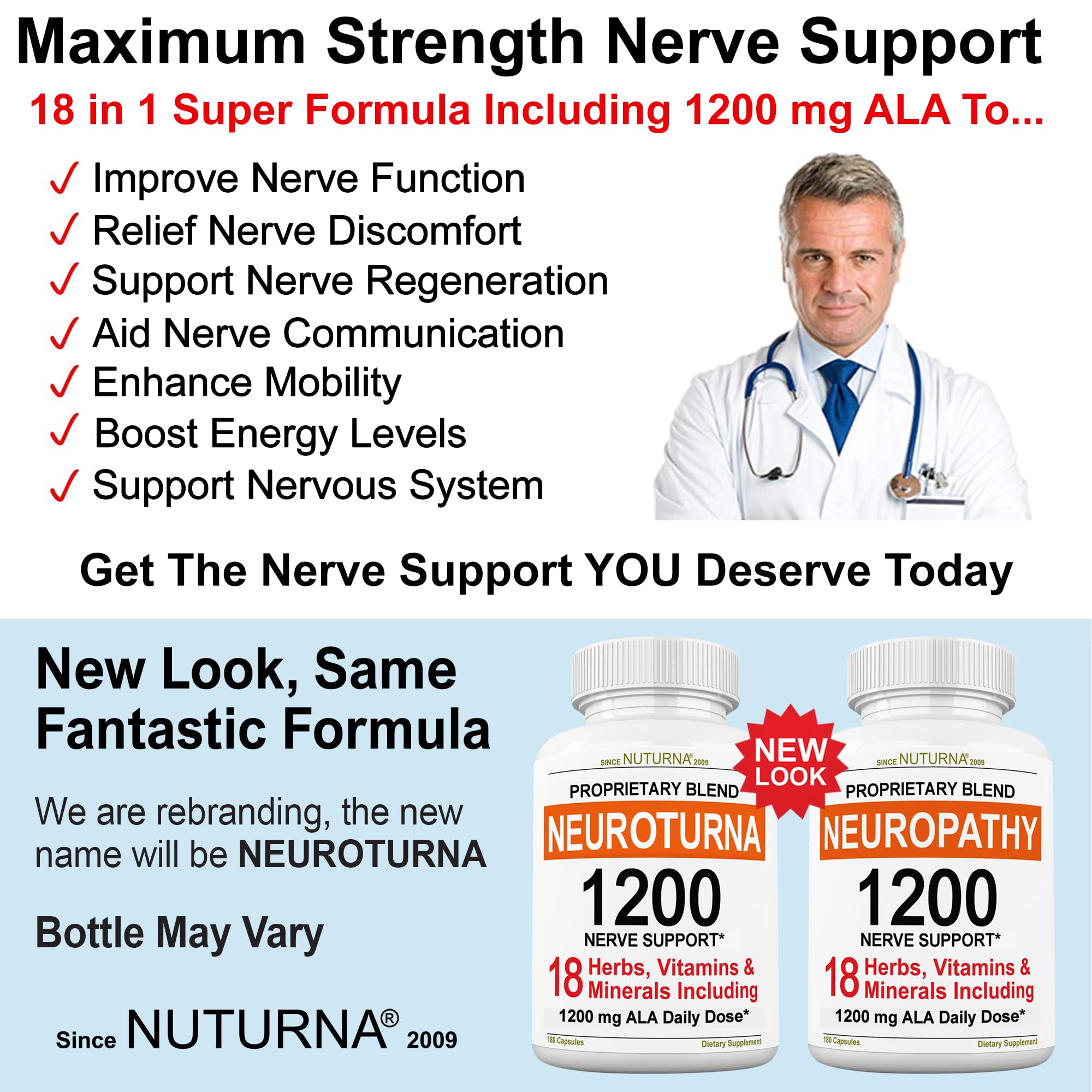 Neuroturna Support Supplement with 1200 mg Pure Alpha Lipoic Acid - Maximum Strength Formula with ALA + Vitamins + Minerals + Herbs - Best Natural Support - 180 Capsules Nuturna Au supplements
