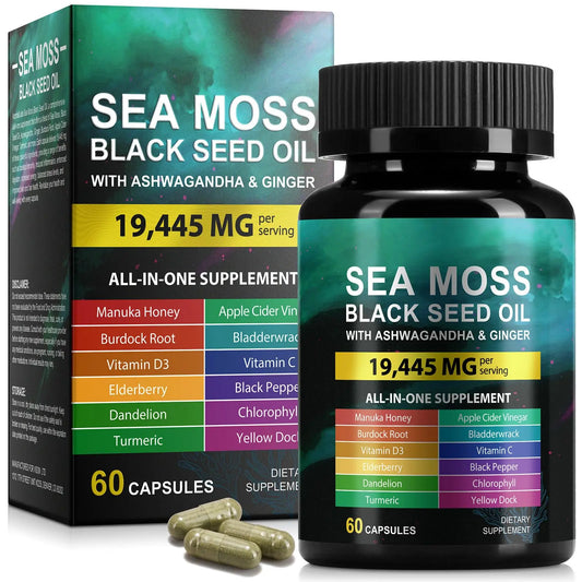Sea Moss Black Seed Oil Ashwagandha Ginger Capsules, Seamoss Capsules Supplement with Bladderwrack Burdock & Vitamin C Vitamin D3 for Women & Men-Enhanced Immunity,60 Counts VceeoyAU supplements