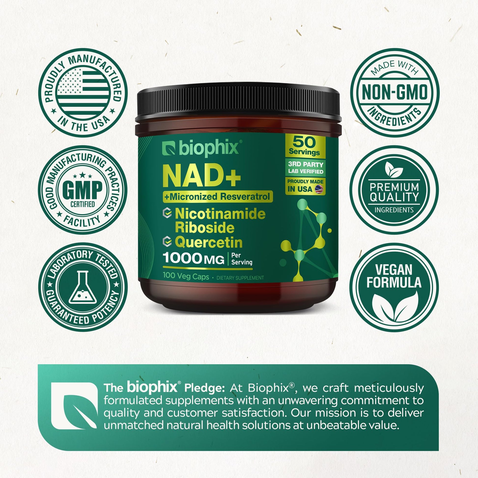 biophix NAD+ Liposomal Supplement for Women & Men - 1000 mg per Serving - Nicotinamide Riboside, Micronized Resveratrol & Quercetin Complex - 100 Veg Capsules - Non-GMO, Gluten-Free, cGMP Certified biophix Au supplements