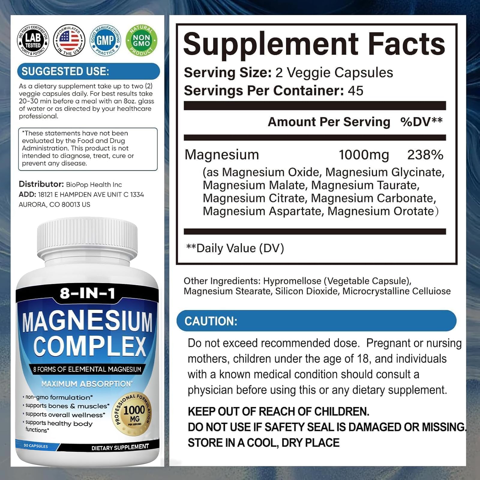 Magnesium Complex Supplement 8 Elemental 1000mg with Glycinate,Citrate for Muscle, Recovery, Stress, Energy, Bone Health, Vegan Non-GMO 180 Capsules, Magnesium Supplement for Women, Men, 2 Bottle caicieter Au supplements