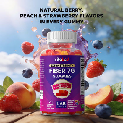 Vitabod Fiber Gummies 7G Per Serving for Digestive Health & Regularity, Prebiotic GOFOS™ Plant-Based Fiber, No Sugar Added, Vegan, Berry Peach Strawberry, 120 Gummies (Adults, Women & Men) VitabodUS supplements