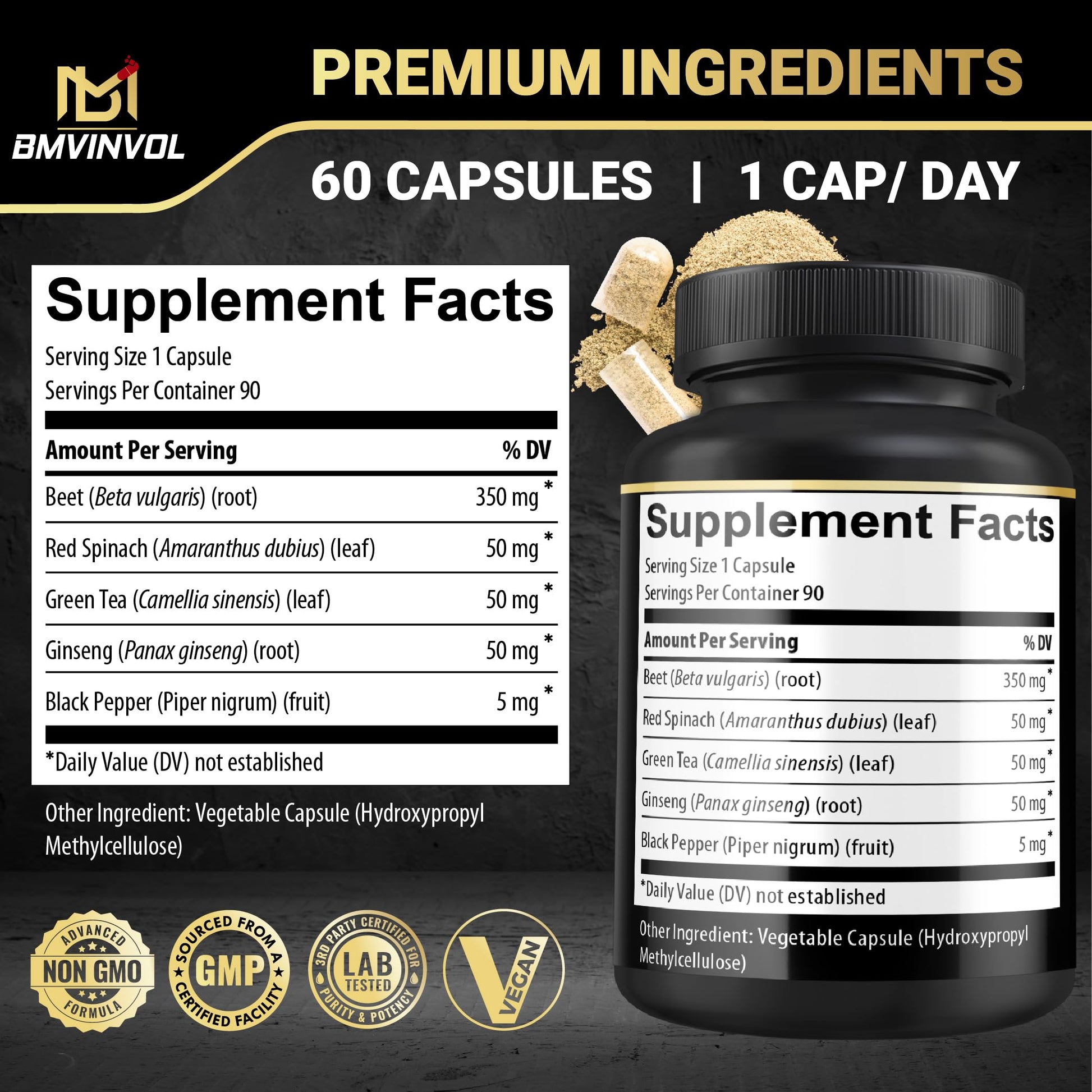 Beet Root Capsules - Green Tea, Red Spinach, Ginseng, Black Pepper - 90 Count - Supports Digestive, Immune System, Energy Levels - 3 Month Supply BMVINVOL Au supplements
