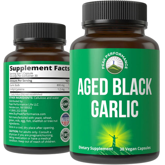 Peak Performance Aged Black Garlic Capsules. Raw Vegan Pure Odorless Extract Supplement Pills for Cholesterol, and Immune Support. from Garlic Bulb with S-Allyl Cysteine and Antioxidants Peak PerformanceAU supplements
