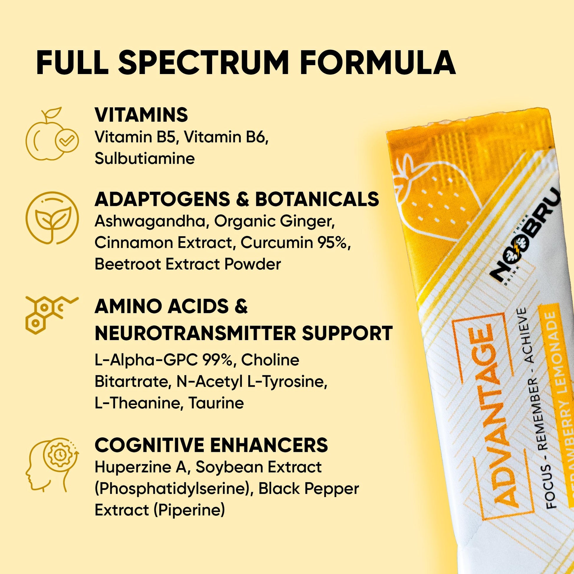 Noobru Аdvantage Nootropic - Delicious Nootropics Brain Supplement with 11 Active Ingredients - Natural Cognitive Enhancer - 20 Strawberry Lemonade Sachets - 1 Month Supply, 20 Count (Pack of 1) Noobru Au supplements