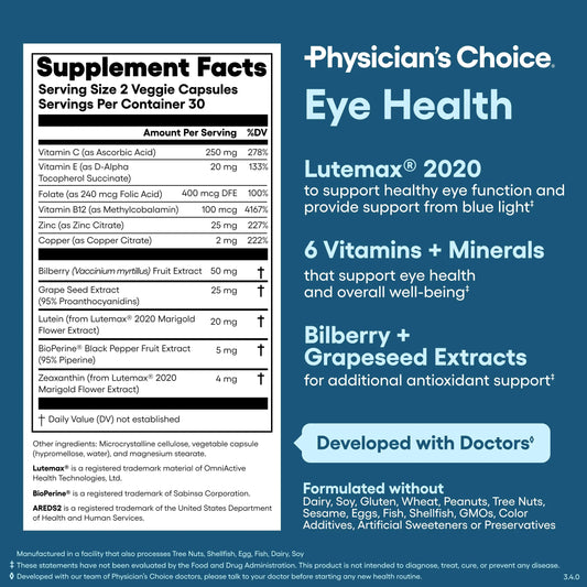 Physician's Choice Eye Health - Lutein, Zeaxanthin & Bilberry Extract - Supports Eye Strain, Dry Eyes, and Vision Health - 2 Award-Winning Clinically Physician's CHOICEAU supplements