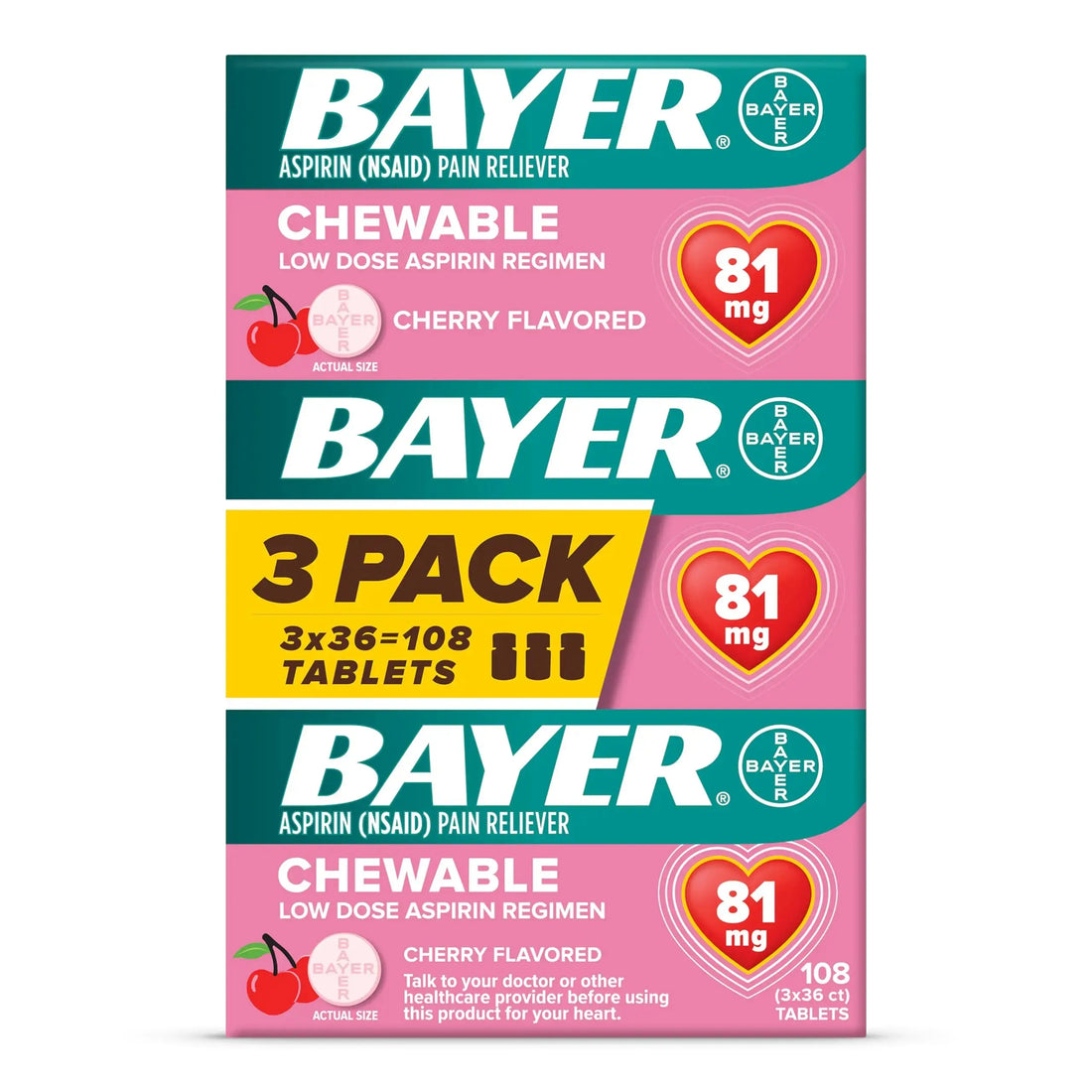 Bayer Aspirin Low Dose 81 mg Chewable Tablets, Pain Reliever, Cherry Flavored, 108 Tablets (36 Pack of 3) Bayer uk supplements