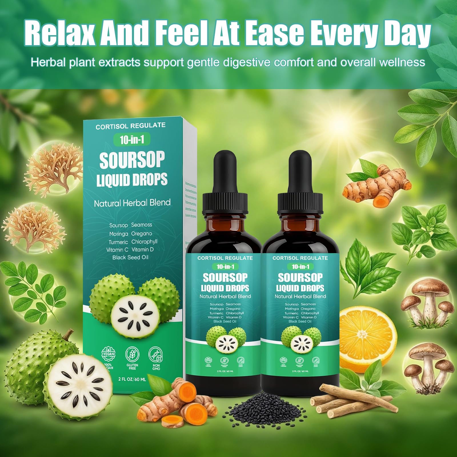 CORTISOL REGULATE Soursop Liquid Drops, 10-in-1 Blend with Sea Moss, Moringa, Turmeric, Black Seed Oil, Oregano, and More, 2 fl oz (1 Pack) CORTISOL REGULATE Au supplements