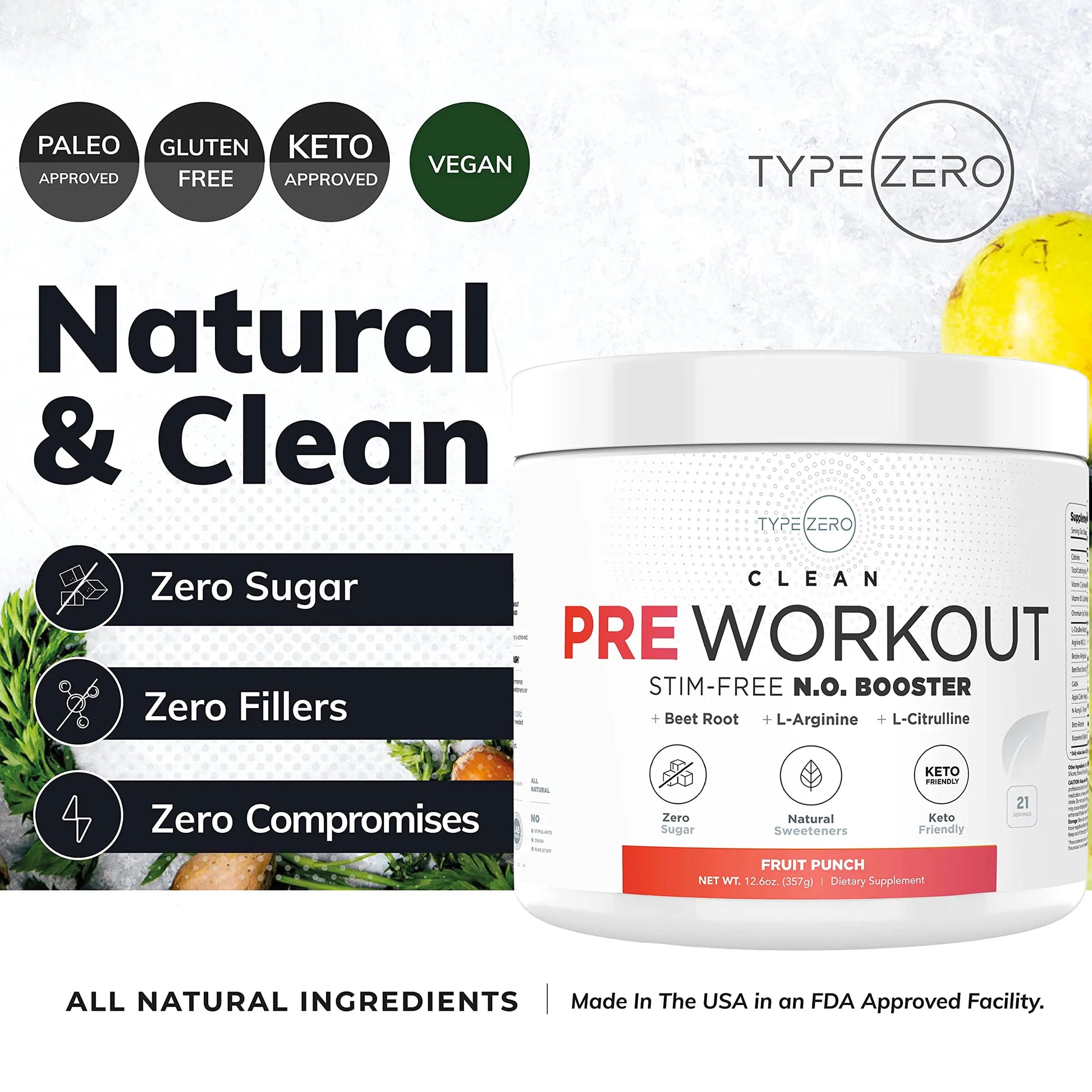 Ultra Clean Stim Free Pump Pre Workout + Nitric Oxide Booster (Fruit Punch) Beetroot, 7G Arginine Citrulline Malate, Betaine, Beta A, ACV+ - Sugar/Caffeine Free Natural Non Stim Preworkout Men & Women Type Zero Au supplements