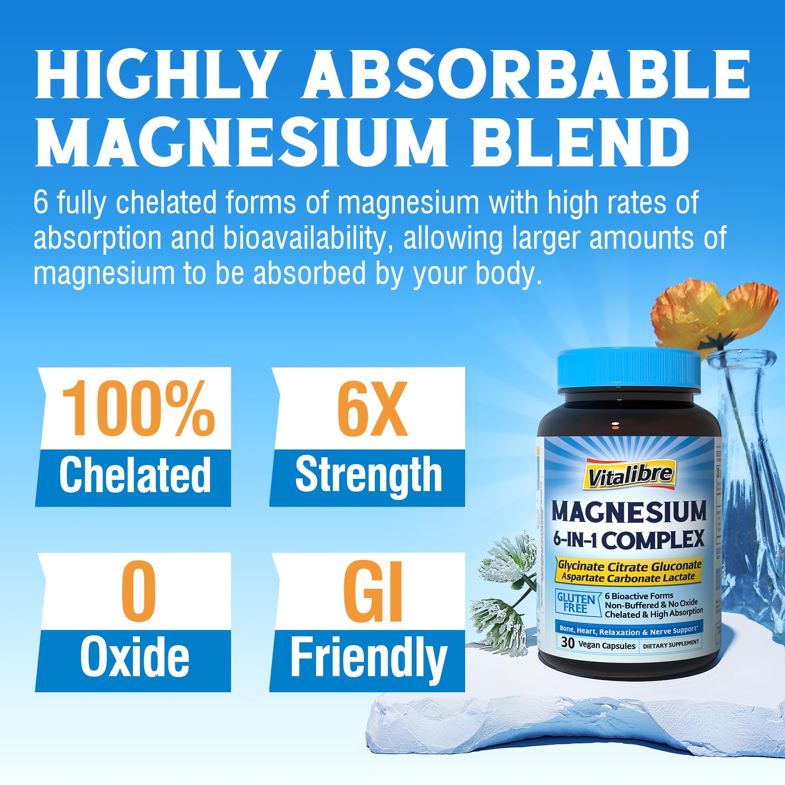 Vitalibre 6 in 1 Magnesium Complex for Women Men, 260mg Elemental Magnesium | Max Absorption | Chelated Magnesium Supplement for Bone, Relaxation & Nerves Support | Non-GMO, 120 Vegan Capsules Vitalibre Au supplements