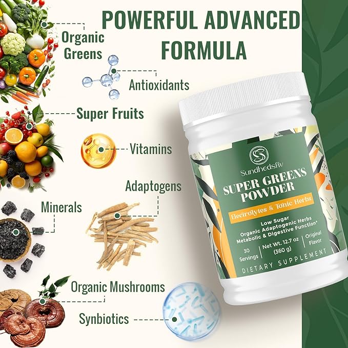 Super Greens Powder Superfood + Electrolytes & Tonic Herbs | Organic Greens, Shilajit, Adaptogens, Antioxidants, Preobiotic & Probiotic & Postbiotic| for Energy, Gut & Immune| Unflavored - 30 Servings Sundhedsliv Au supplements