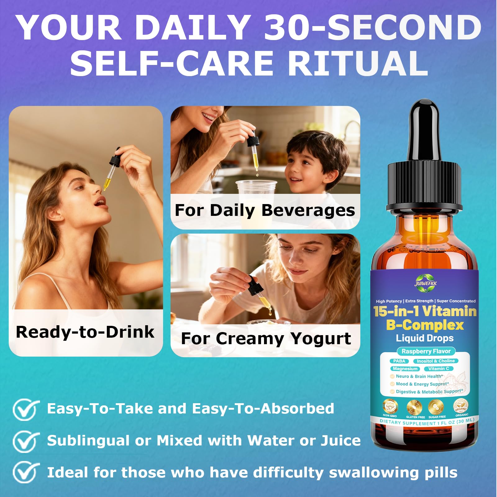 Advanced Vitamin B Complex Liquid Drops for Women Men & Kids, 15-in-1 VIT B Complex with Vitamin C B12 B6 B1 Niacin Folate for Brain Nerve Neuropathy Energy Mood Health, Sublingual B-Complex Drops JUIWEFKK Au supplements