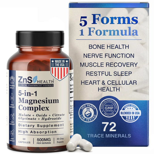 ZnS Health Spectrum 5 Magnesium Complex for Women & Men – 5 Magnesium Complex Supplement with Glycinate, Malate, Citrate & Hydroxide for Sleep, Muscle Recovery & Calm – 500mg Vegan – 60 Capsules ZnS HealthAu supplements