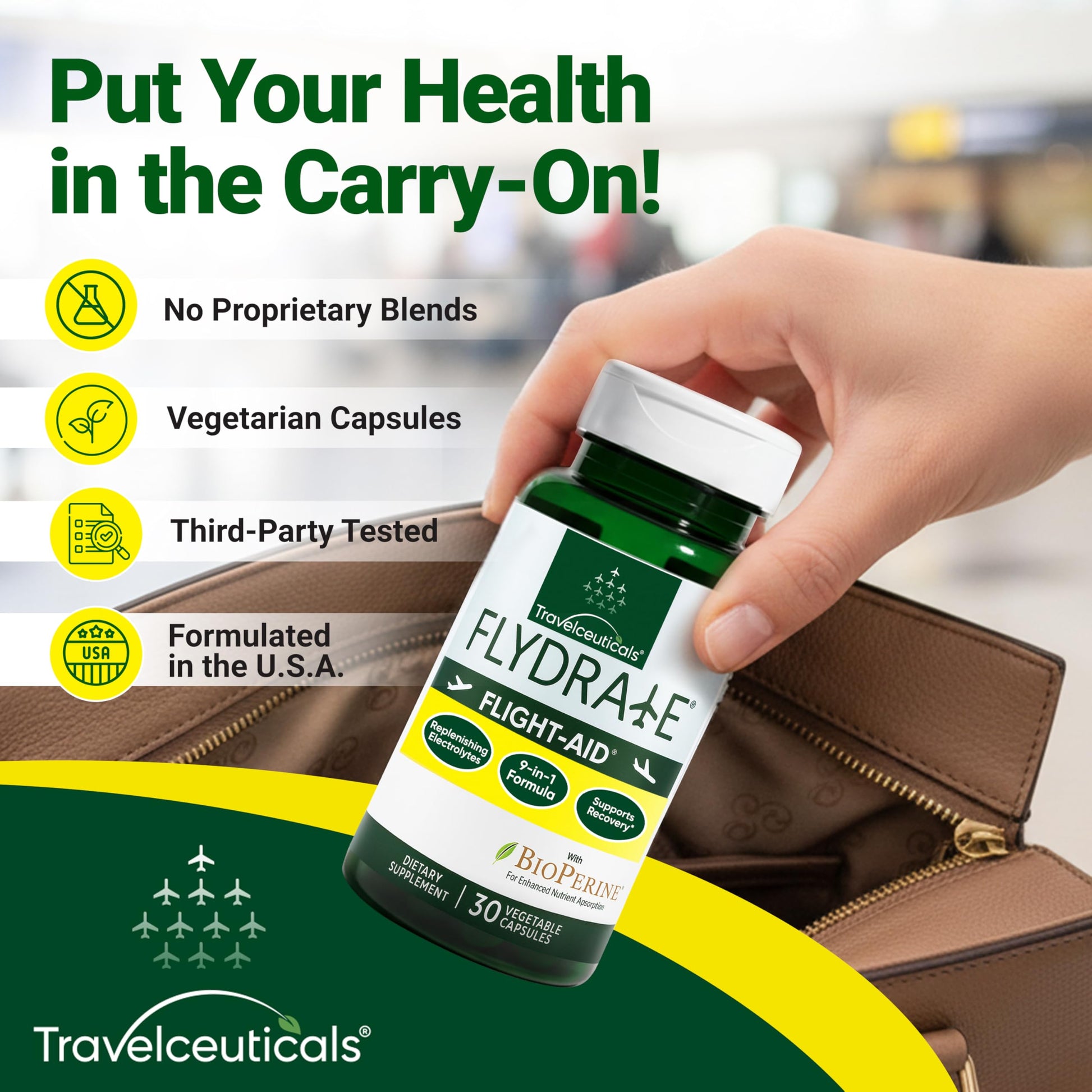 Flight-Aid | Replenishing Electrolyte Hydration Capsules Made for Travel, Jet Lag, Fatigue & Recovery | 9-in-1 Formula with Essential Electrolytes, Vitamins, Minerals & Bioperine® | 30 Capsules Flydrate Au supplements