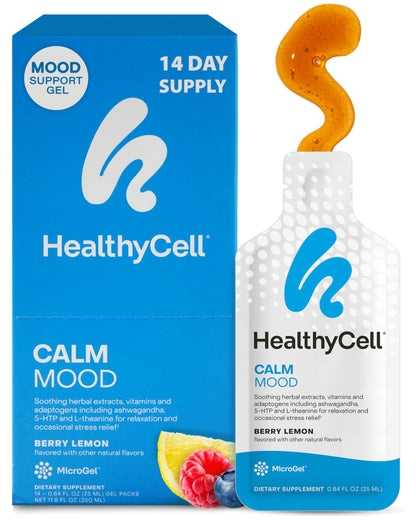 Healthycell Calm Mood Daily Liquid Supplement - Cortisol Manager & Mood Support Supplement for Stress with Ashwagandha, L-Theanine, Magnesium, 5-HTP, GABA & Saffron - 14 Gel Packs Healthycell buy supplements Au